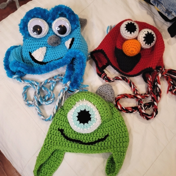 Disney Other - Bundle of 3 home made crotchet hats. Monsters Inc and elmo